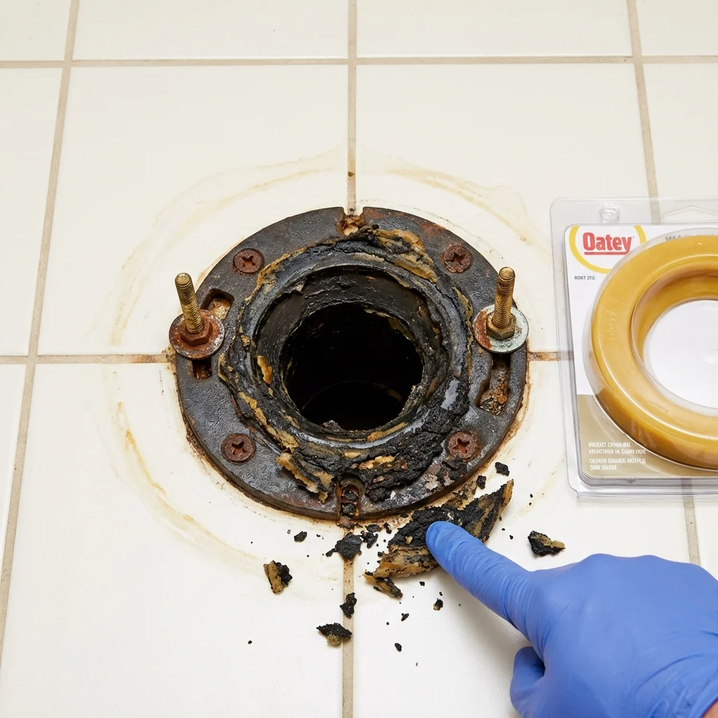 Failed wax ring showing water seepage at the base of a toilet in a Columbiana, OH home