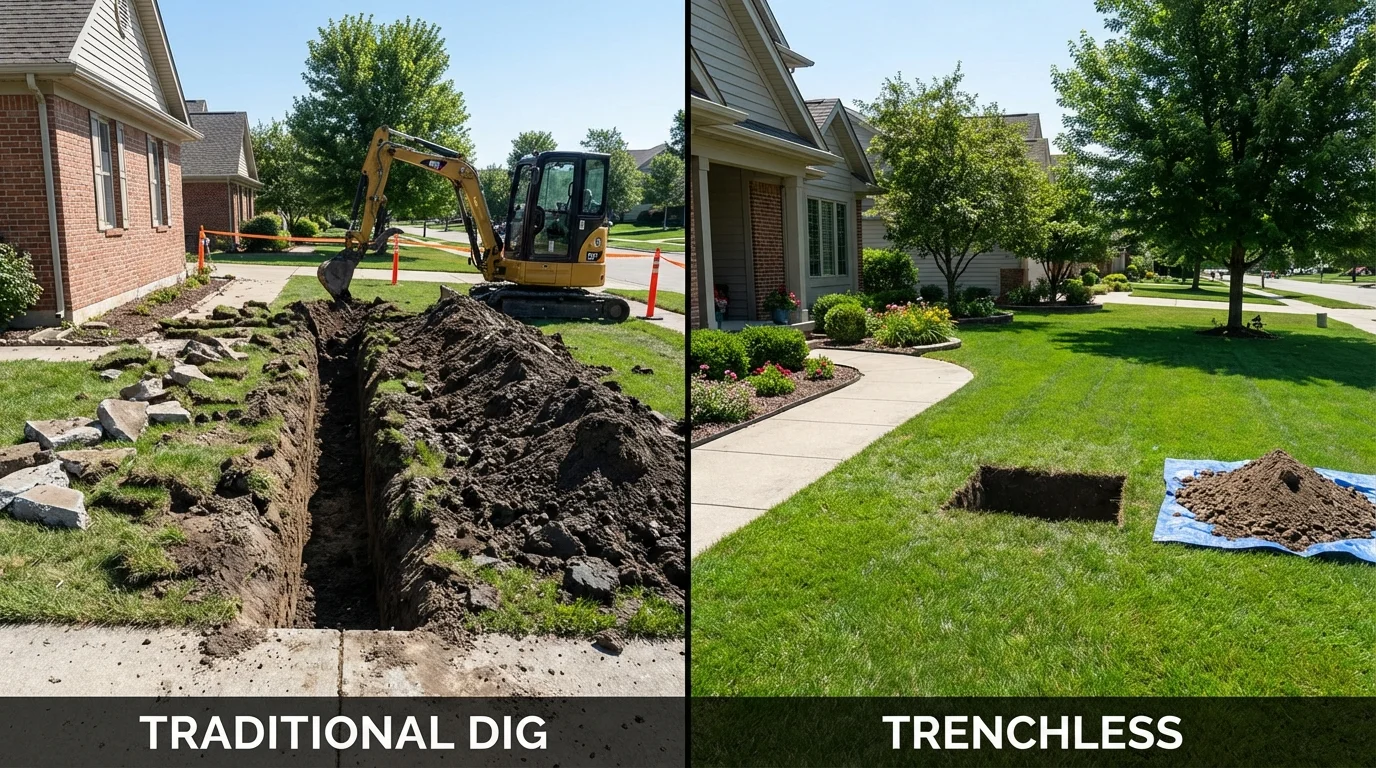 Trenchless sewer repair with minimal yard damage versus traditional excavation in Columbiana, OH