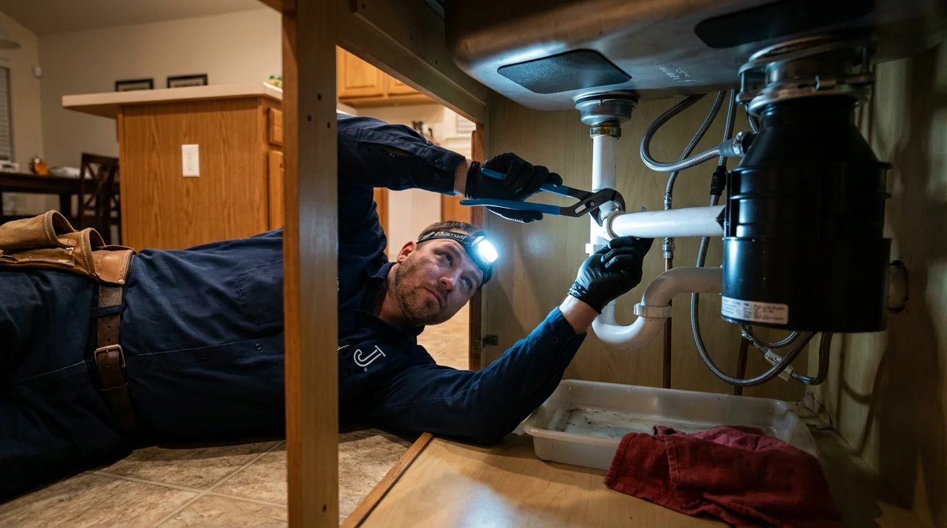 P-trap and supply line connections under a kitchen sink showing a common leak point in Columbiana, OH